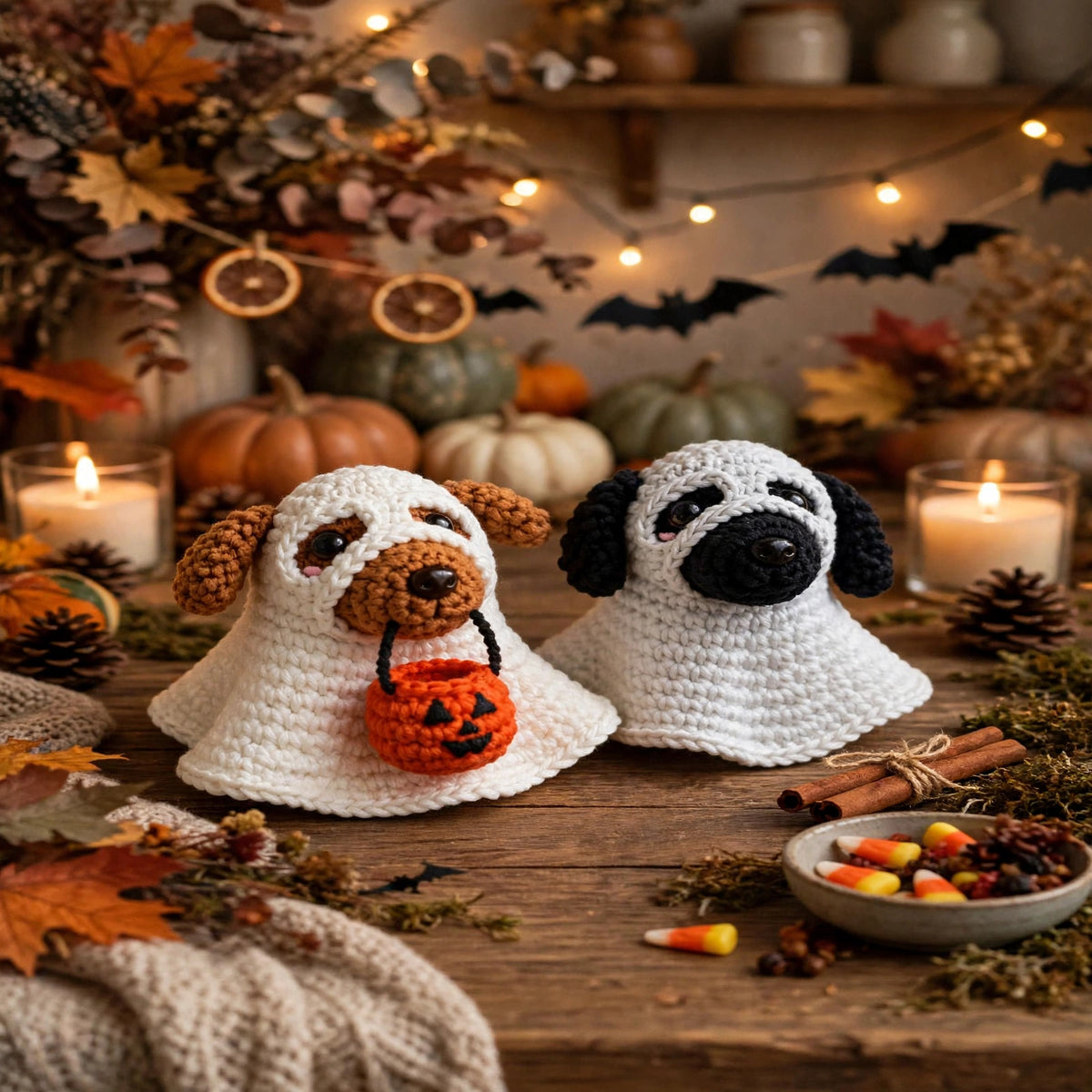 Crochet ghost puppy amigurumi in a ghost costume – Halloween crochet pattern PDF