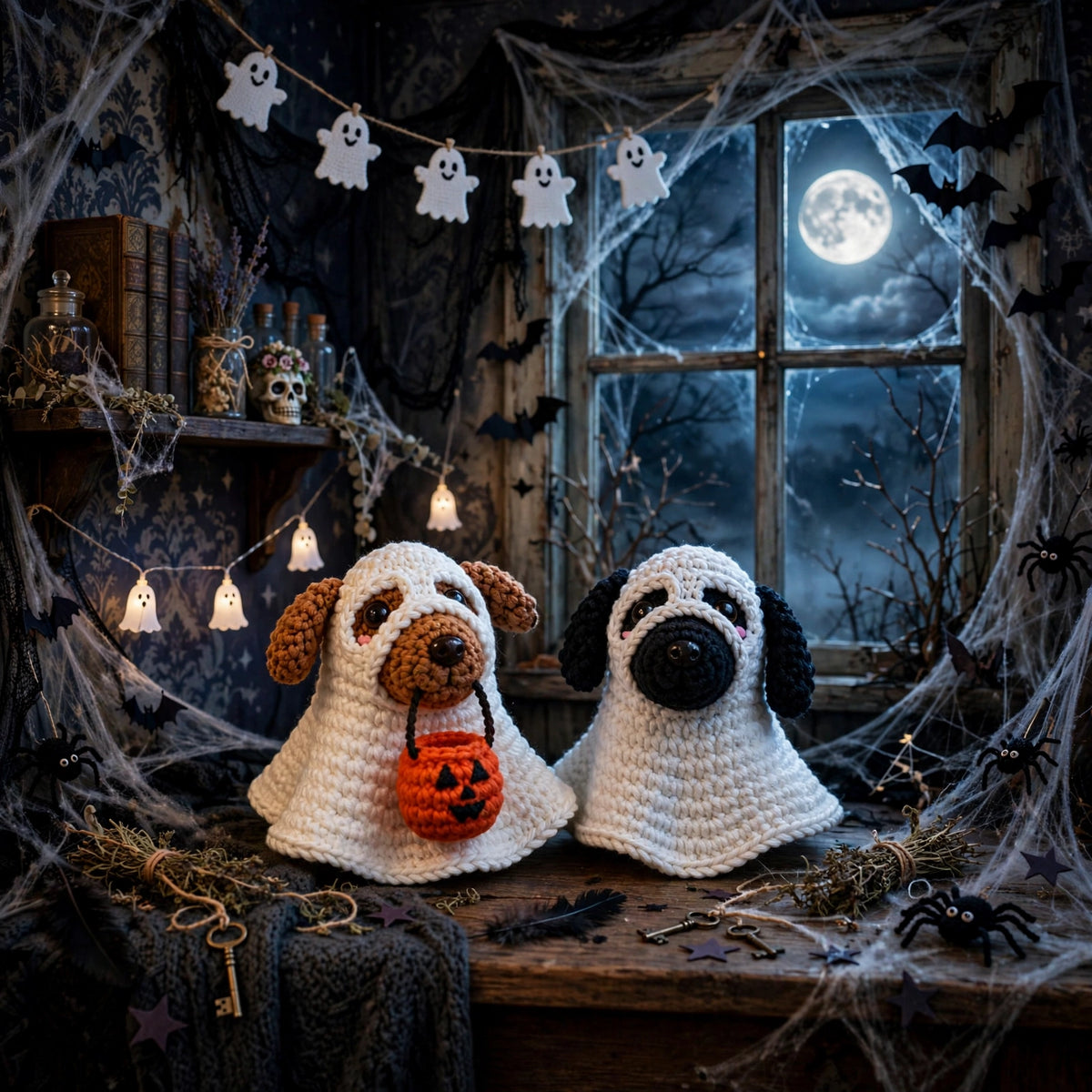 Amigurumi puppy in ghost costume with pumpkin basket – photo 2