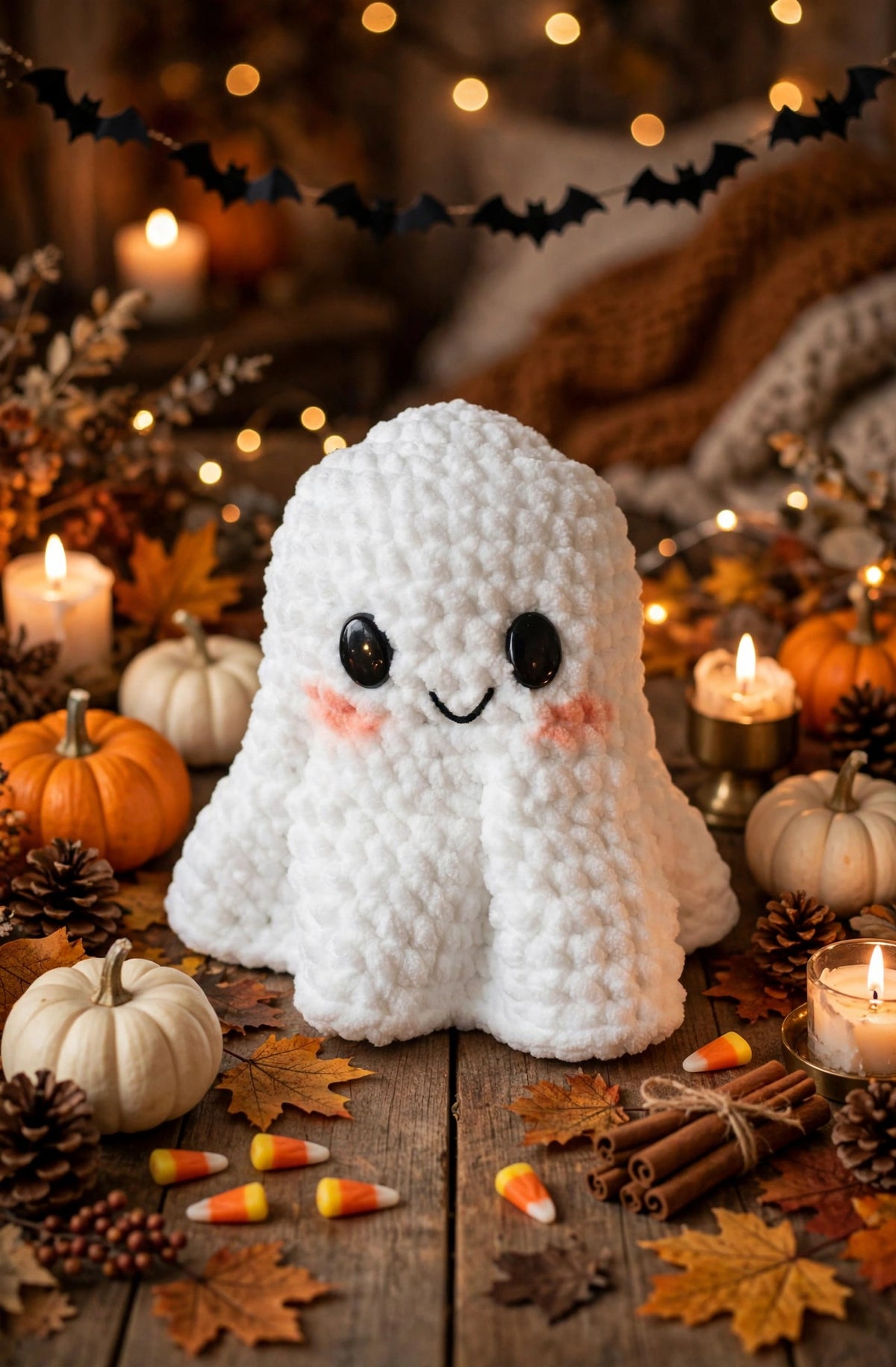 Cute white crochet ghost amigurumi made from plush chenille yarn – Spooky ghost crochet pattern PDF