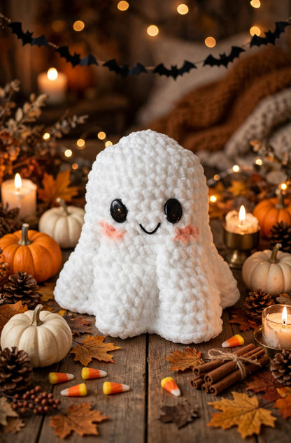 Cute white crochet ghost amigurumi made from plush chenille yarn – Spooky ghost crochet pattern PDF