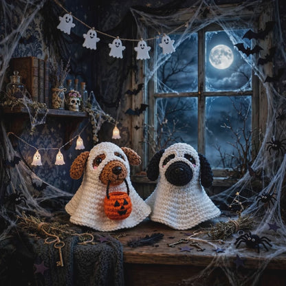 Ghost Puppy Crochet Pattern PDF – Cute Halloween Amigurumi Dog in Ghost Costume